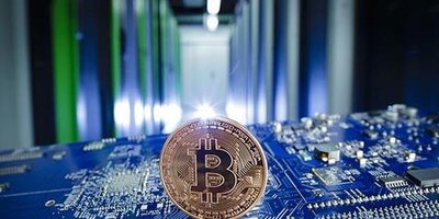 A large-scale Bitcoin mining farm, illustrating rows of mining rigs in a climate-controlled environment.
