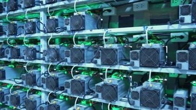 Close-up of a Bitcoin mining rig operating in a professional facility